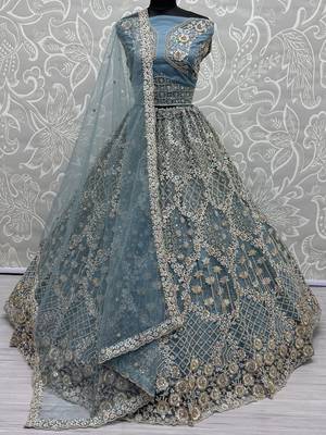 blue thread work net lehenga set choli with dupatta with dupatta 1
