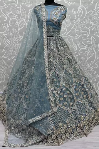 Blue Thread Work Net Bridesmaid Lehenga Choli With Dupatta