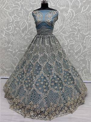 blue thread work net lehenga set choli with dupatta with dupatta 2