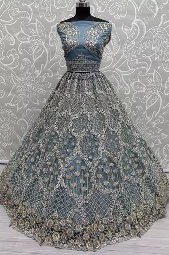 blue thread work net lehenga set choli with dupatta with dupatta