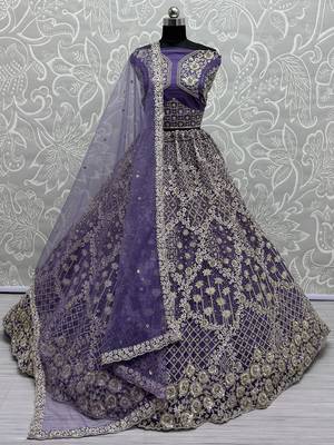 purple thread embroidered net wedding lehenga set choli with dupatta 1