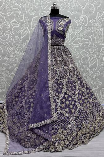 Purple Thread Embroidered Net Wedding Lehenga Choli
