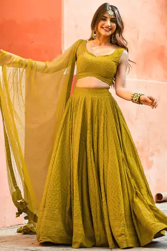 mustard yellow sequins lehenga set choli with dupatta with net dupatta