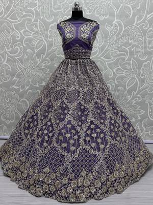 purple thread embroidered net wedding lehenga set choli with dupatta 2