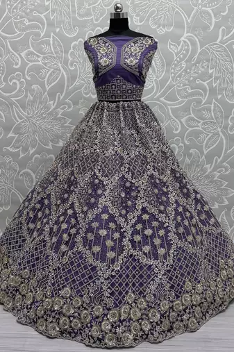 purple thread embroidered net wedding lehenga set choli with dupatta