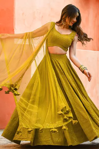 mustard yellow sequins lehenga set choli with dupatta with net dupatta