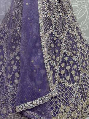 purple thread embroidered net wedding lehenga set choli with dupatta 3
