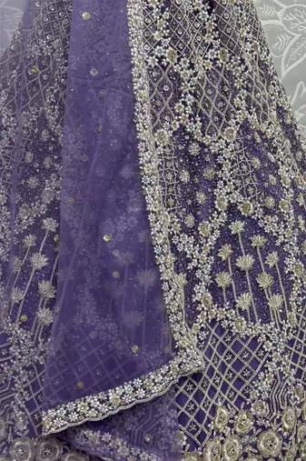 purple thread embroidered net wedding lehenga set choli with dupatta