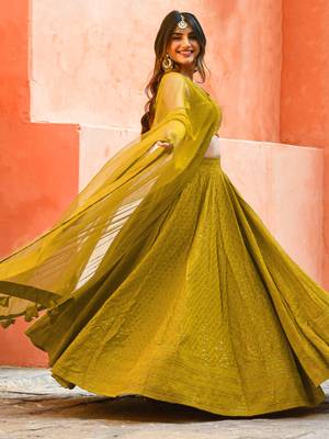 mustard yellow sequins lehenga set choli with dupatta with net dupatta 5