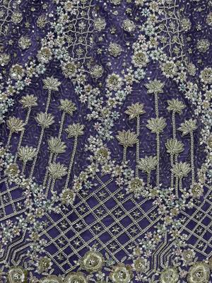 purple thread embroidered net wedding lehenga set choli with dupatta 4
