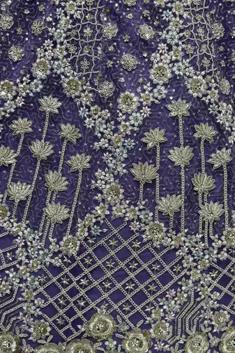 purple thread embroidered net wedding lehenga set choli with dupatta