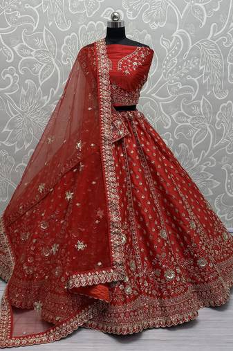 Red Hand Work Net Bridal Lehenga Choli With Double Dupatta