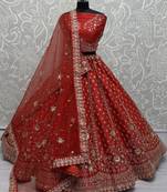 red hand work net bridal lehenga set choli with dupatta with double dupatta