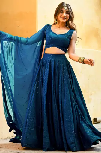 teal blue thread embroidered wedding lehenga set choli with dupatta