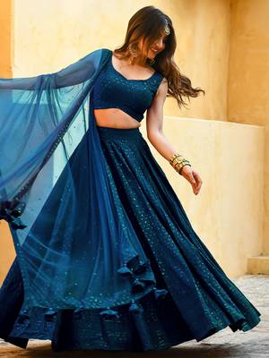 teal blue thread embroidered wedding lehenga set choli with dupatta 4