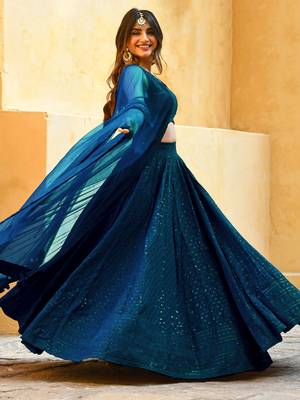 teal blue thread embroidered wedding lehenga set choli with dupatta 5