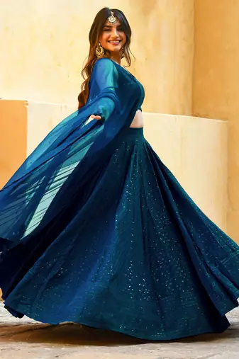 teal blue thread embroidered wedding lehenga set choli with dupatta