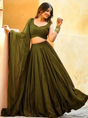 olive green sequins georgette lehenga set choli with dupatta with dupatta 1