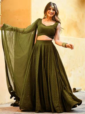 olive green sequins georgette lehenga set choli with dupatta with dupatta 3