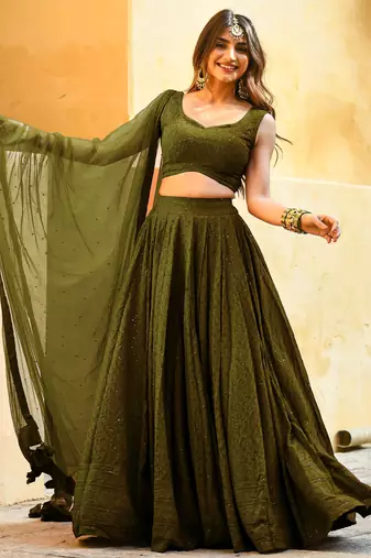 olive green sequins georgette lehenga set choli with dupatta with dupatta