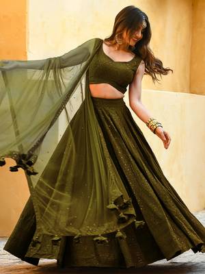 olive green sequins georgette lehenga set choli with dupatta with dupatta 4