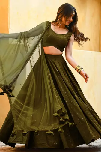 olive green sequins georgette lehenga set choli with dupatta with dupatta