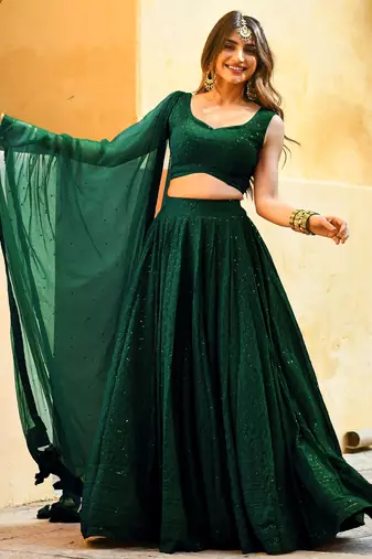 green sequins georgette mehendi lehenga set choli with dupatta