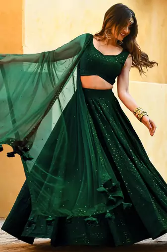 green sequins georgette mehendi lehenga set choli with dupatta