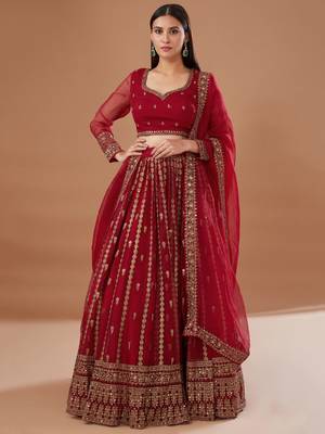 red zari embroidered organza wedding lehenga set choli with dupatta 1