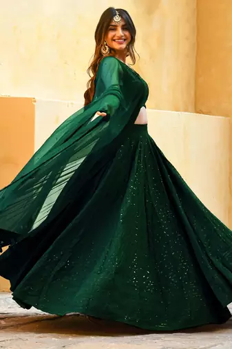 green sequins georgette mehendi lehenga set choli with dupatta
