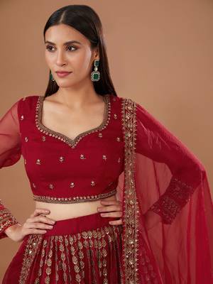 red zari embroidered organza wedding lehenga set choli with dupatta 2