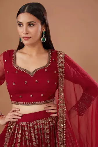 red zari embroidered organza wedding lehenga set choli with dupatta