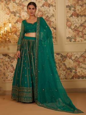 green sequins organza festival lehenga set choli with dupatta 1