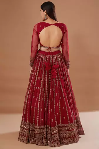 red zari embroidered organza wedding lehenga set choli with dupatta