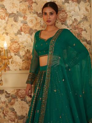 green sequins organza festival lehenga set choli with dupatta 2