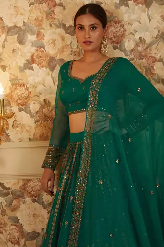 green sequins organza festival lehenga set choli with dupatta
