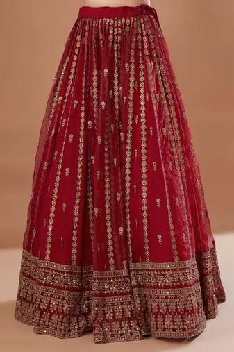red zari embroidered organza wedding lehenga set choli with dupatta