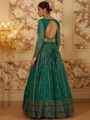 green sequins organza festival lehenga set choli with dupatta 3
