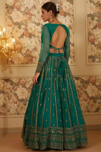 green sequins organza festival lehenga set choli with dupatta