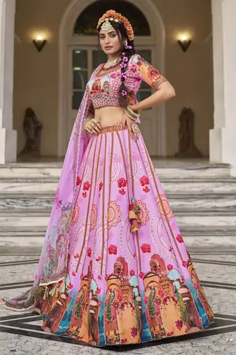 pink printed art silk wedding lehenga set choli with dupatta with dupatta