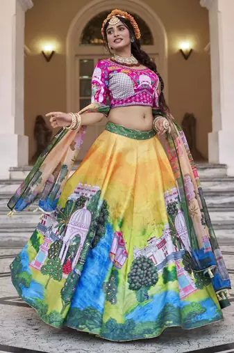 yellow printed art silk traditional lehenga set choli with dupatta with dupatta