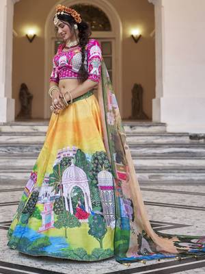 yellow printed art silk traditional lehenga set choli with dupatta with dupatta 4