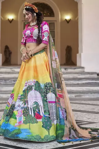 yellow printed art silk traditional lehenga set choli with dupatta with dupatta