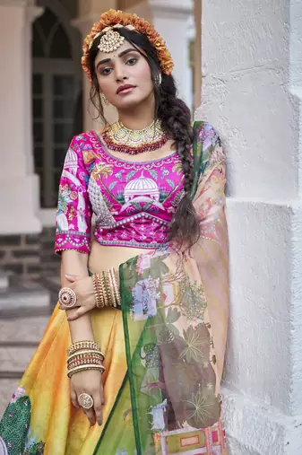 yellow printed art silk traditional lehenga set choli with dupatta with dupatta