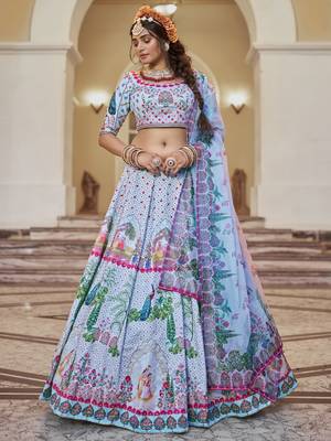 sky blue printed art silk festival lehenga set choli with dupatta 1