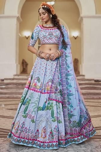 Sky-Blue Printed Art Silk Festival Wear Lehenga Choli