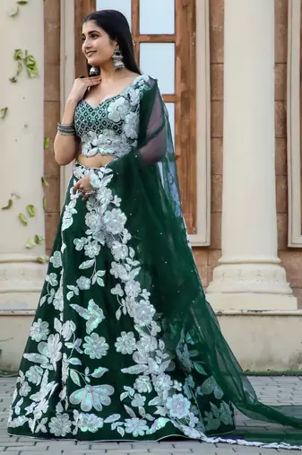 Emerald Green Floral Embroidered Lehenga Choli Set