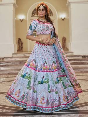 sky blue printed art silk festival lehenga set choli with dupatta 3