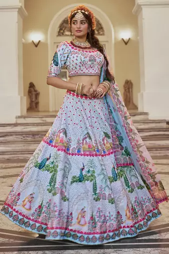 sky blue printed art silk festival lehenga set choli with dupatta