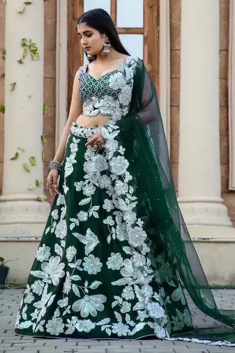 Emerald Green Floral Embroidered Lehenga Choli Set